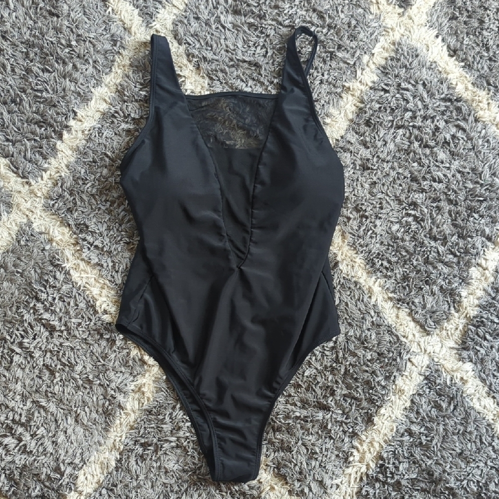 Shein Black Sheer Deep Vneck Chest One Piece Swimsuit Size Women's L